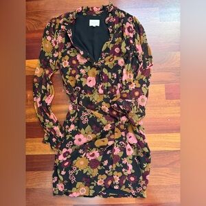 Sezane Black Floral Long-Sleeve Wrap Dress with Pink & Olive Blooms